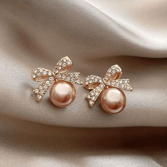 Bow Pearl Gold Diamond Stud Earrings - Picture 1 of 6